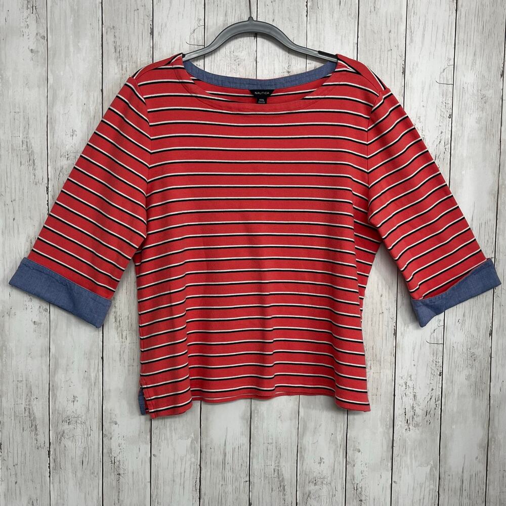 Nautica XXL Striped 3/4 Sleeve Shirt Pink Blue 100% Cotton Preppy Coastal Top